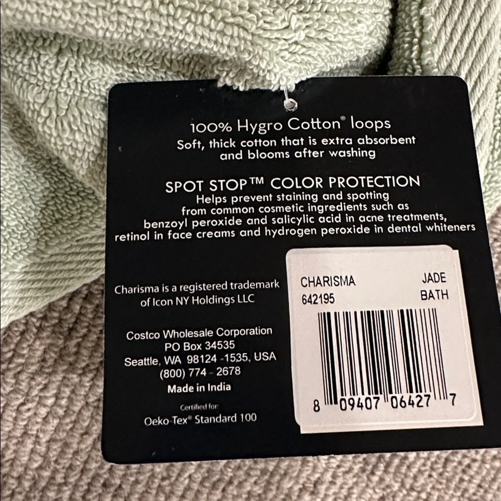 NWT🛁CHARISMA SET OF 2 JADE BATH TOWELS 100% HYGRO COTTON LOOPS-  30 x 58 INCHES